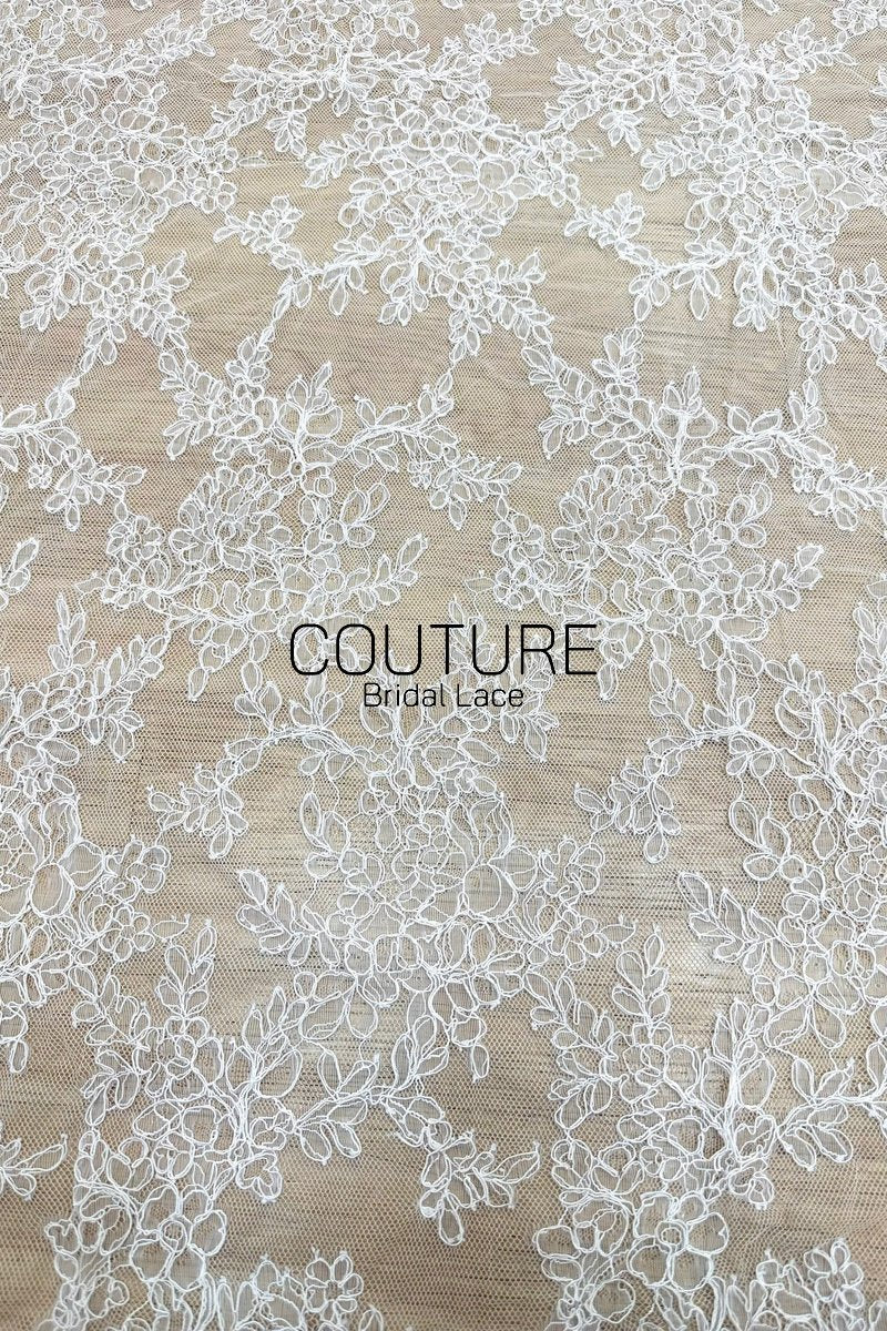 Corded Chantilly French Lace: White Floral Wreath Medallion with Eyelash Scalloped Border, 3 Meters