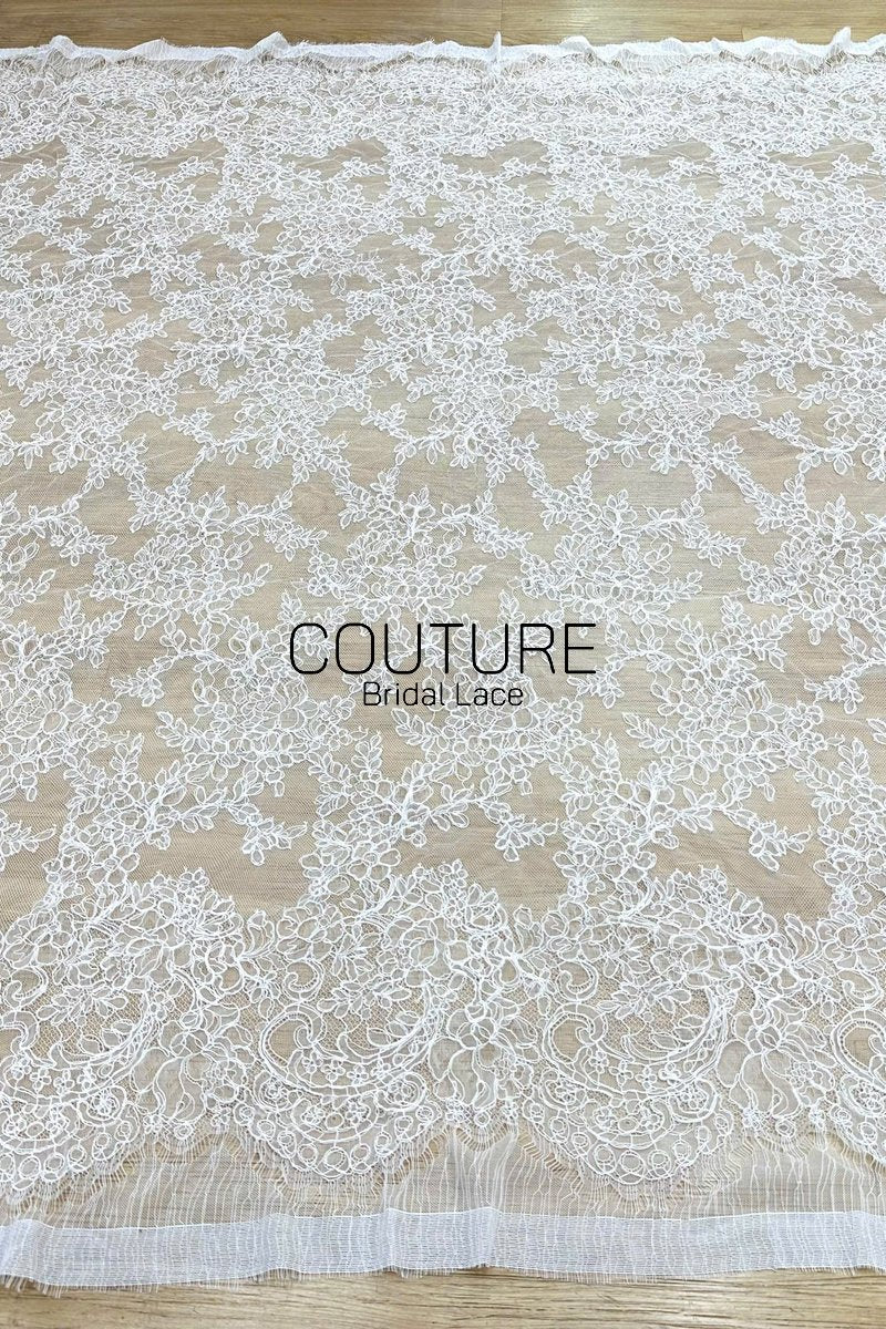 Corded Chantilly French Lace: White Floral Wreath Medallion with Eyelash Scalloped Border, 3 Meters