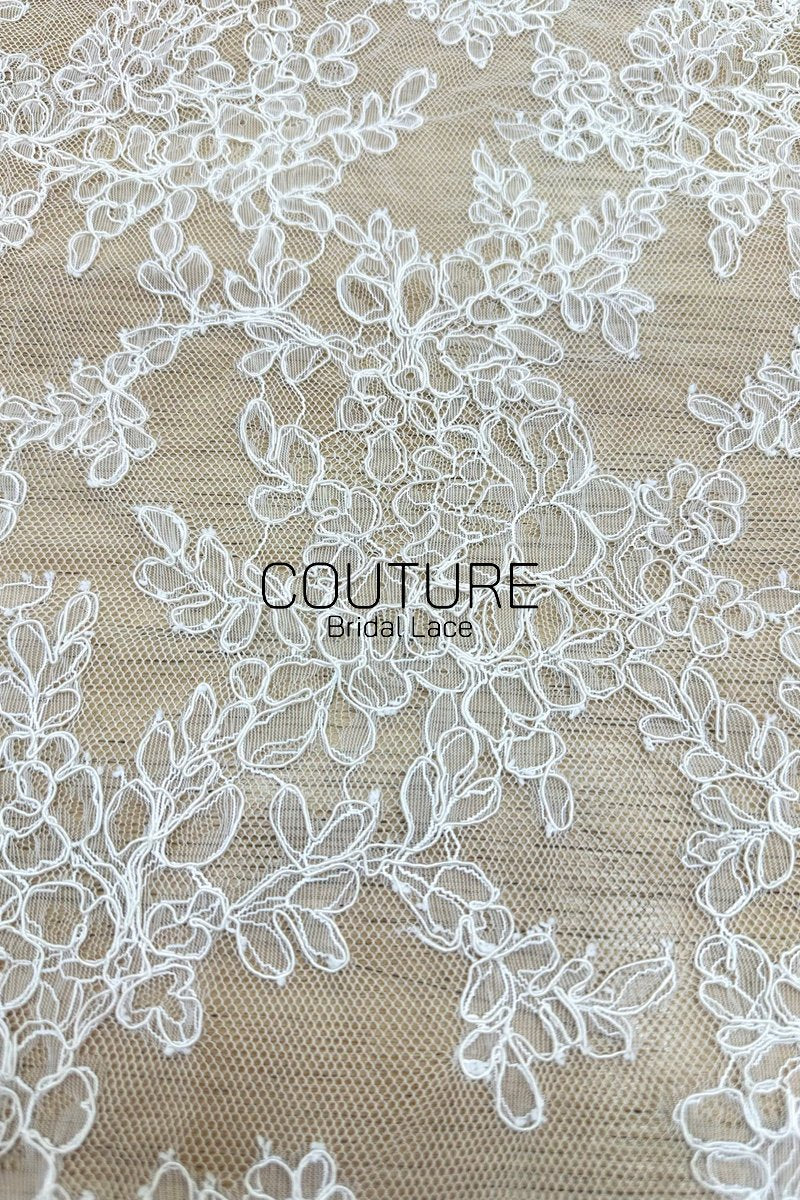 Corded Chantilly French Lace: White Floral Wreath Medallion with Eyelash Scalloped Border, 3 Meters