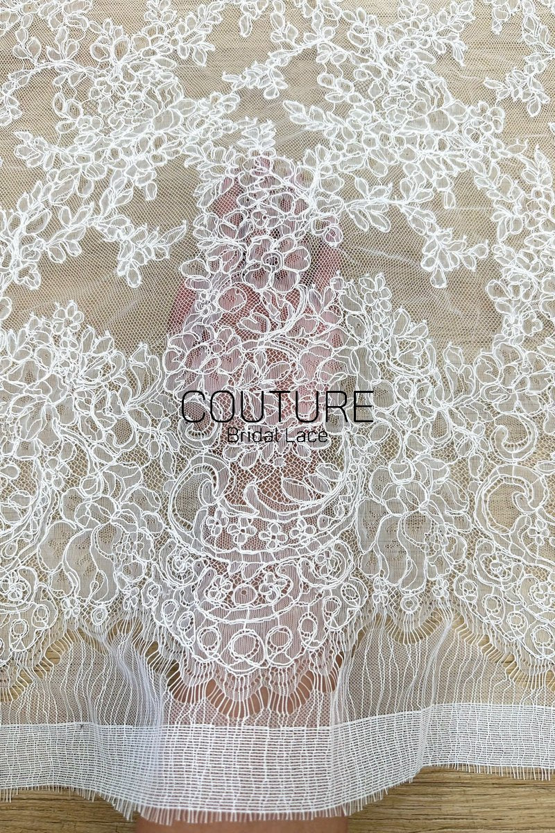 Corded Chantilly French Lace: White Floral Wreath Medallion with Eyelash Scalloped Border, 3 Meters