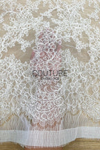 Corded Chantilly French Lace: White Floral Wreath Medallion with Eyelash Scalloped Border, 3 Meters