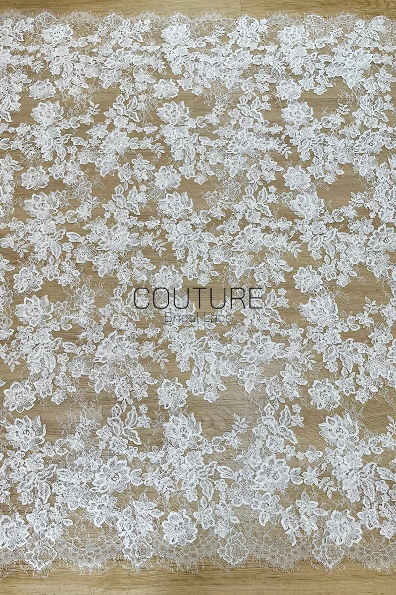 Beaded Chantilly Lace: Light Ivory Floral And Leafy Sprigs with Delicate Double-Scalloped Floral Borders, 3 Meters