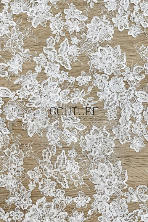 Beaded Chantilly Lace: Light Ivory Floral And Leafy Sprigs with Delicate Double-Scalloped Floral Borders, 3 Meters
