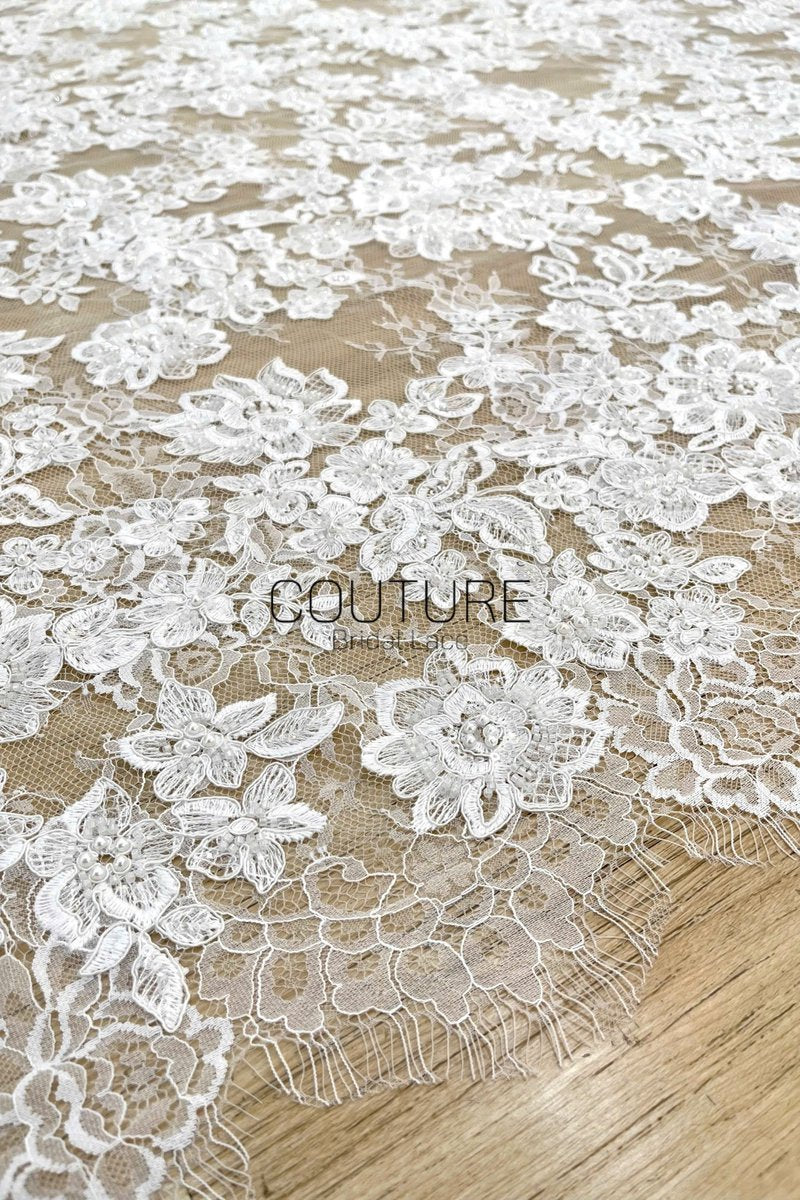 Beaded Chantilly Lace: Light Ivory Floral And Leafy Sprigs with Delicate Double-Scalloped Floral Borders, 3 Meters