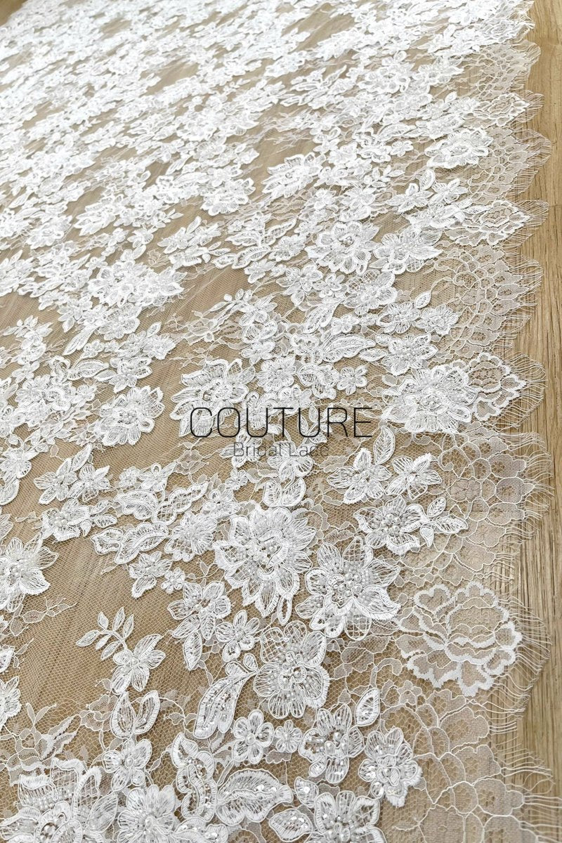 Beaded Chantilly Lace: Light Ivory Floral And Leafy Sprigs with Delicate Double-Scalloped Floral Borders, 3 Meters