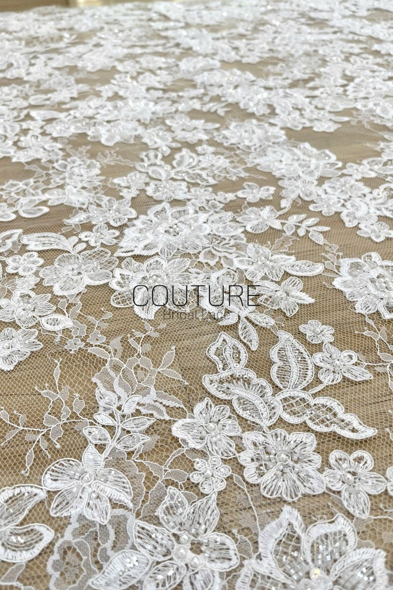 Beaded Chantilly Lace: Light Ivory Floral And Leafy Sprigs with Delicate Double-Scalloped Floral Borders, 3 Meters