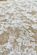 Beaded Chantilly Lace: Light Ivory Floral And Leafy Sprigs with Delicate Double-Scalloped Floral Borders, 3 Meters