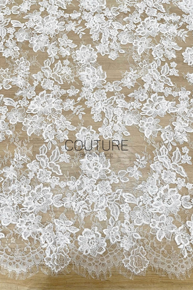 Beaded Chantilly Lace: Light Ivory Floral And Leafy Sprigs with Delicate Double-Scalloped Floral Borders, 3 Meters