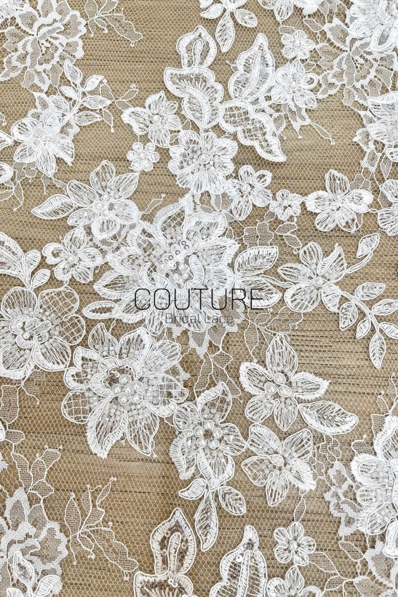 Beaded Chantilly Lace: Light Ivory Floral And Leafy Sprigs with Delicate Double-Scalloped Floral Borders, 3 Meters