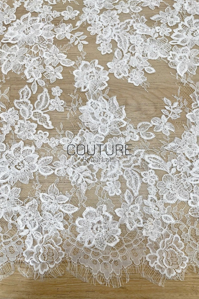 Beaded Chantilly Lace: Light Ivory Floral And Leafy Sprigs with Delicate Double-Scalloped Floral Borders, 3 Meters