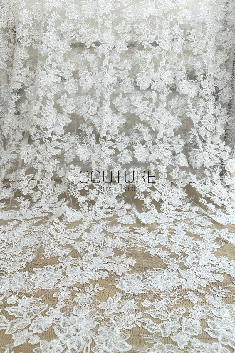Beaded Chantilly Lace: Light Ivory Floral And Leafy Sprigs with Delicate Double-Scalloped Floral Borders, 3 Meters