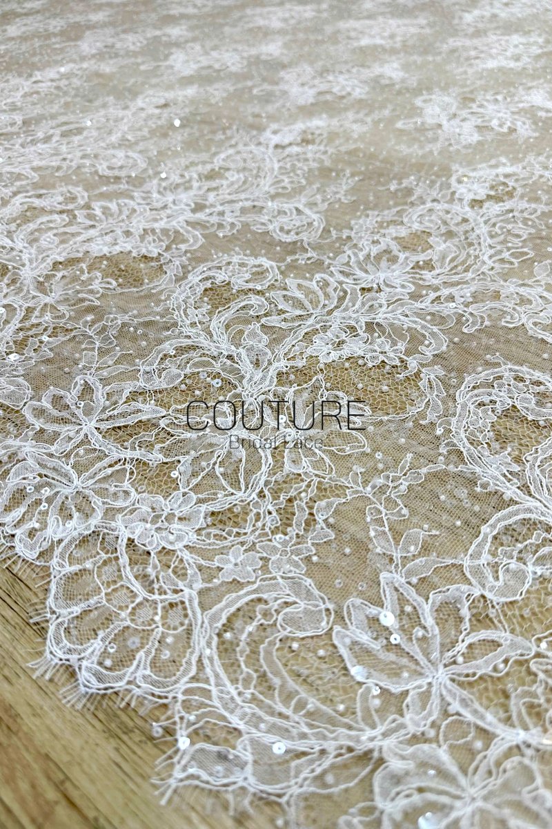 Beaded Chantilly Lace: Light Ivory Floral And Leaf Pattern With Scalloped Edge With Elegant Eyelash Fringe, 3 Meters