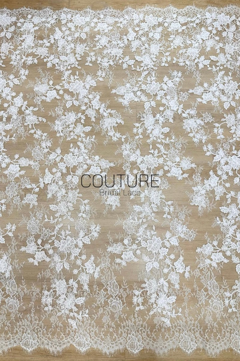 Beaded Chantilly Lace: Light Ivory Delicate Floral Vine with Scalloped Floral Edge Border, 3 Meters