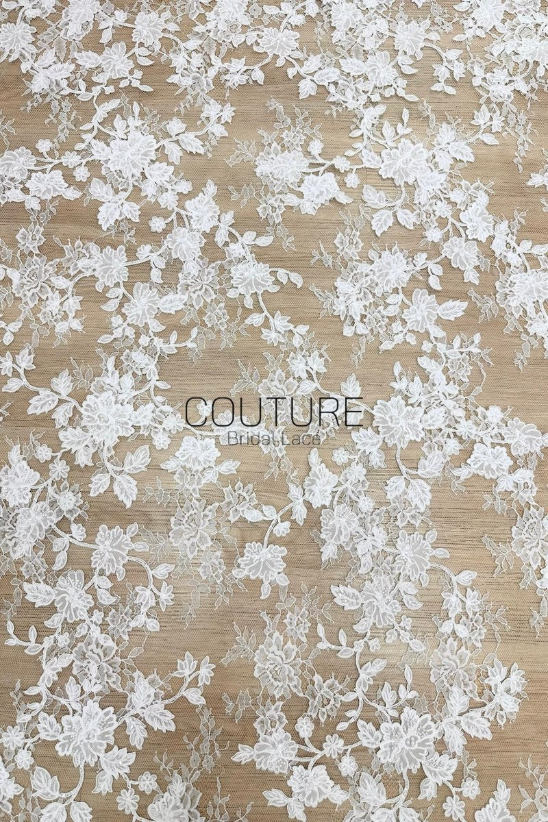 Beaded Chantilly Lace: Light Ivory Delicate Floral Vine with Scalloped Floral Edge Border, 3 Meters