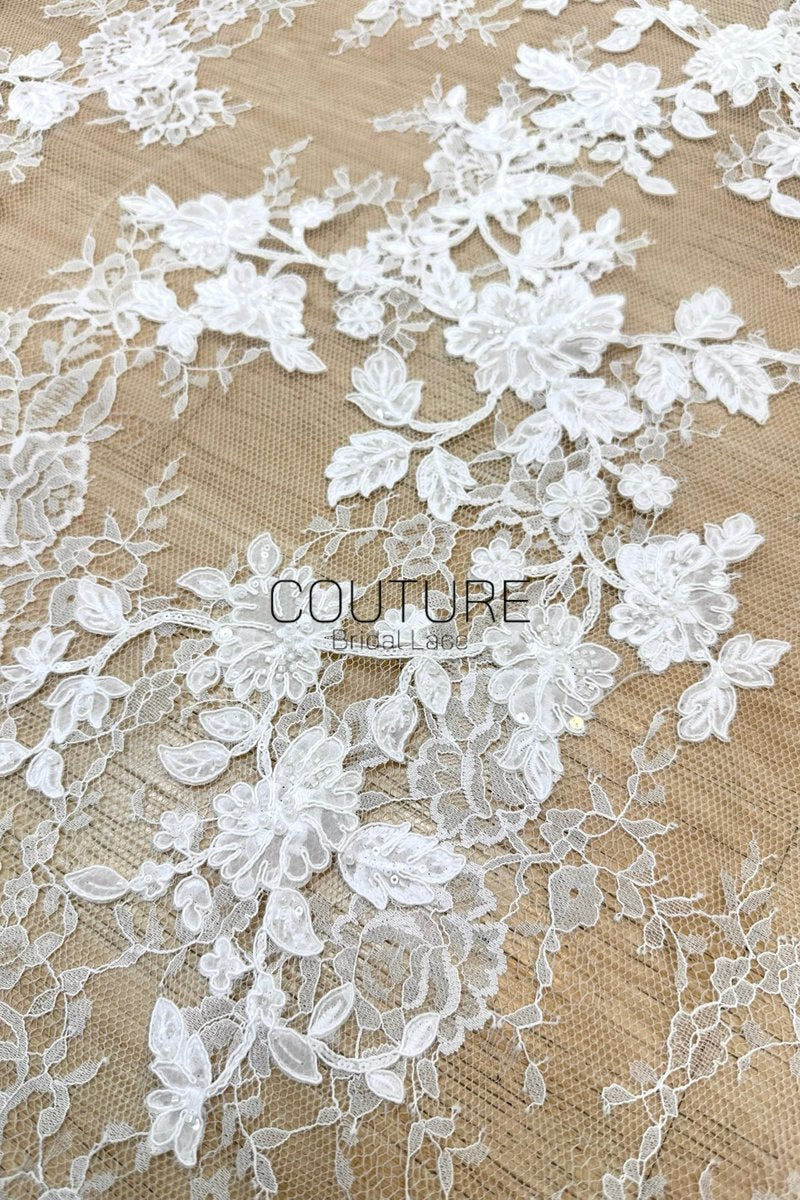 Beaded Chantilly Lace: Light Ivory Delicate Floral Vine with Scalloped Floral Edge Border, 3 Meters