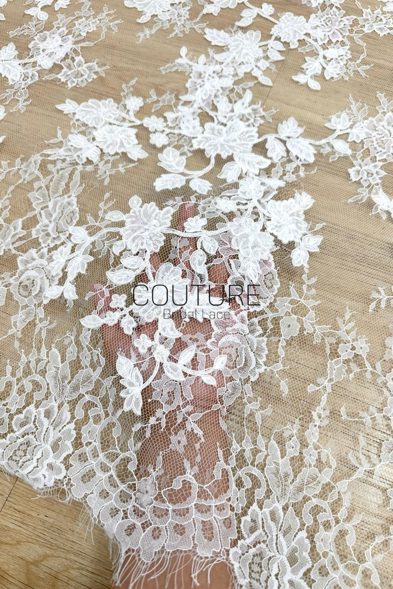 Beaded Chantilly Lace: Light Ivory Delicate Floral Vine with Scalloped Floral Edge Border, 3 Meters