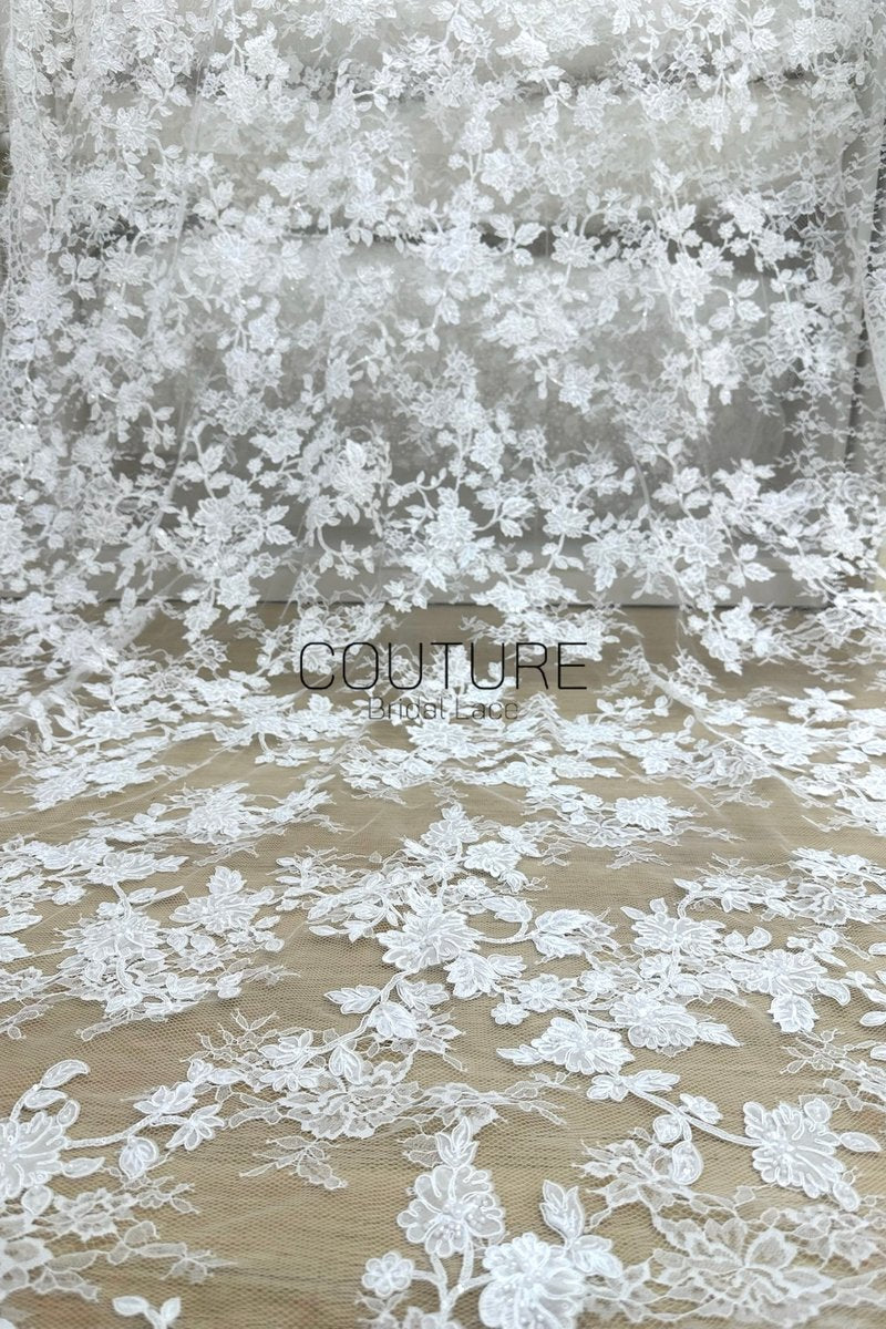 Beaded Chantilly Lace: Light Ivory Delicate Floral Vine with Scalloped Floral Edge Border, 3 Meters