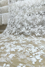 Beaded Chantilly Lace: Light Ivory Delicate Floral Vine with Scalloped Floral Edge Border, 3 Meters
