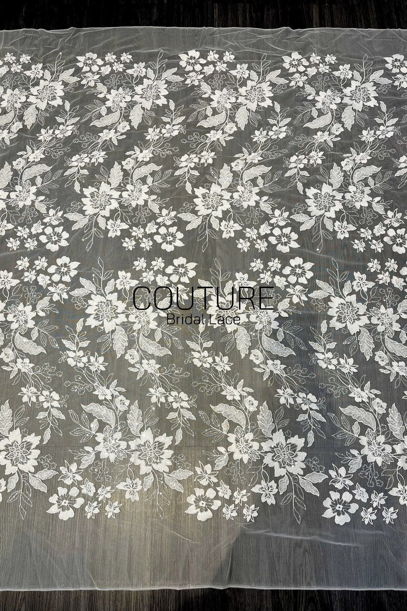 Floral Lace: White Large Floral Botanical Pattern with Straight Edge Border, 1 Meter