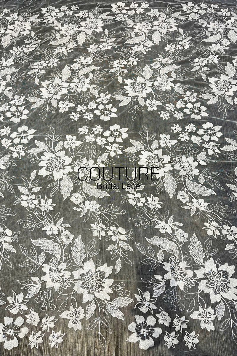 Floral Lace: White Large Floral Botanical Pattern with Straight Edge Border, 1 Meter