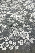 Floral Lace: White Large Floral Botanical Pattern with Straight Edge Border, 1 Meter