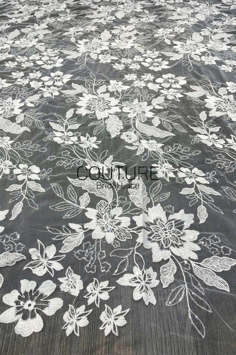 Floral Lace: White Large Floral Botanical Pattern with Straight Edge Border, 1 Meter