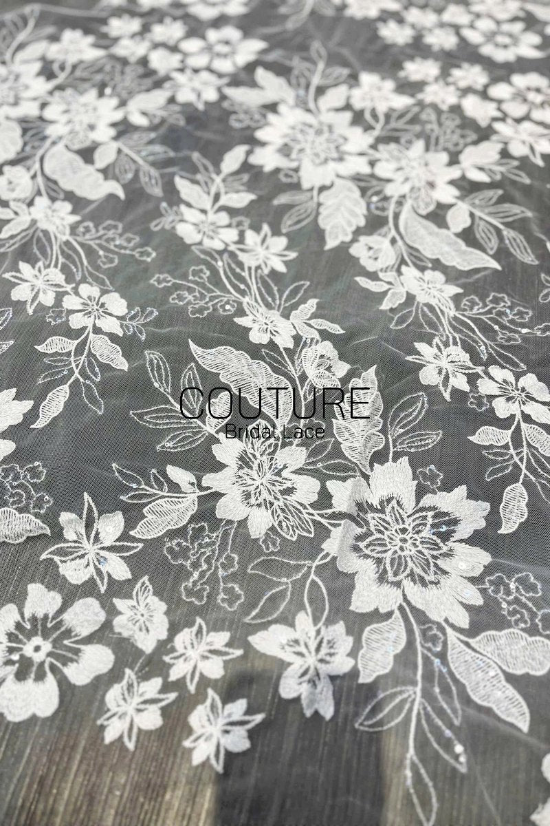 Floral Lace: White Large Floral Botanical Pattern with Straight Edge Border, 1 Meter