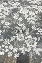 Floral Lace: White Large Floral Botanical Pattern with Straight Edge Border, 1 Meter