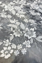 Floral Lace: White Large Floral Botanical Pattern with Straight Edge Border, 1 Meter