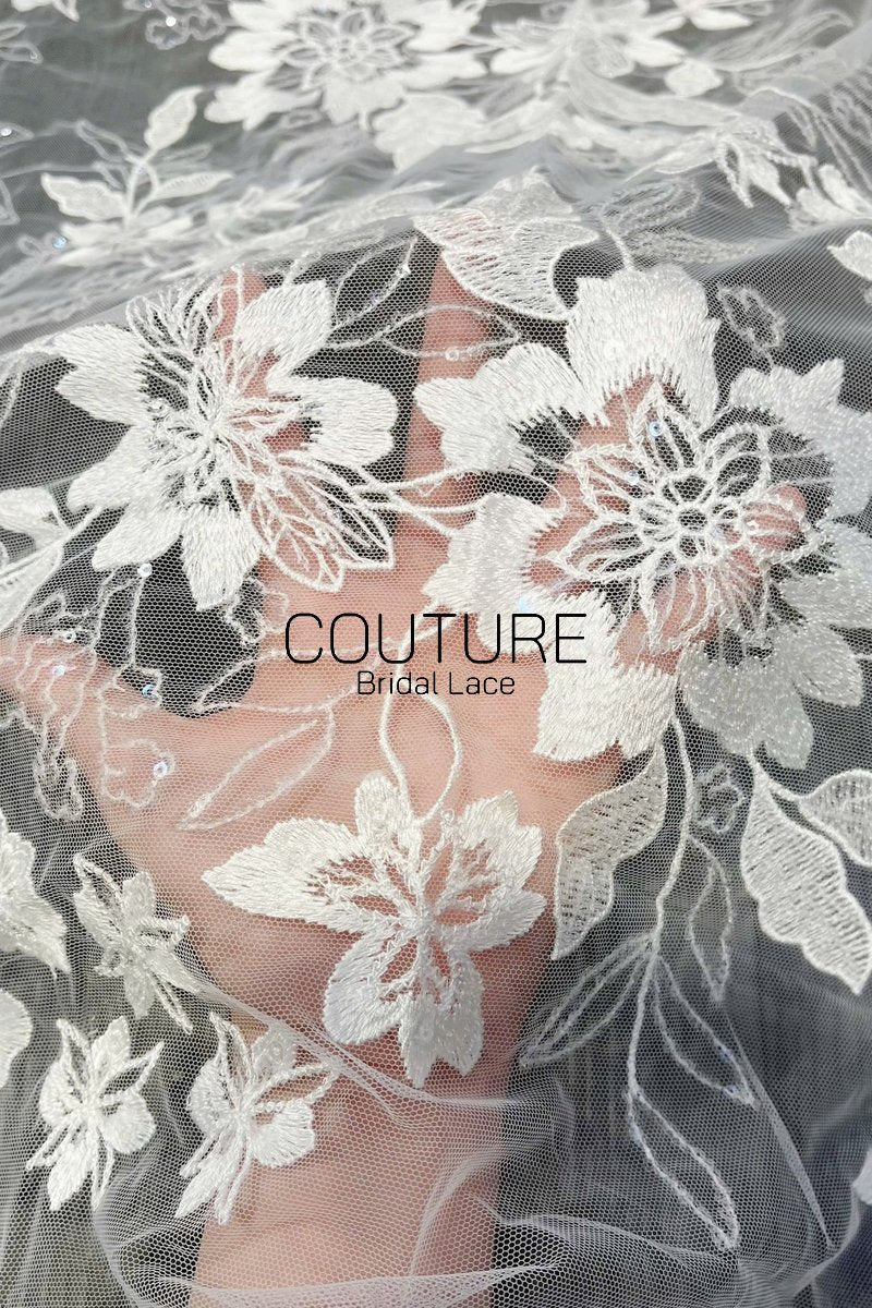 Floral Lace: White Large Floral Botanical Pattern with Straight Edge Border, 1 Meter