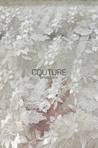 Floral Lace: White Large Floral Botanical Pattern with Straight Edge Border, 1 Meter