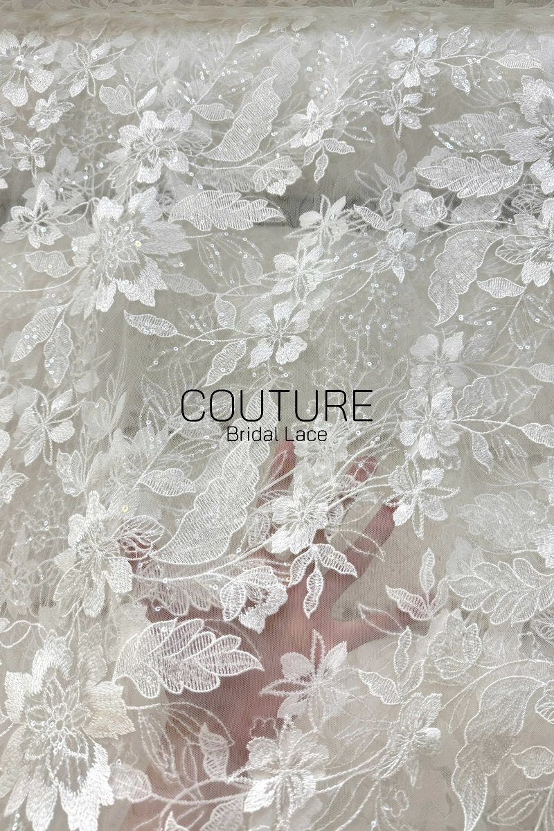 Floral Lace: White Large Floral Botanical Pattern with Straight Edge Border, 1 Meter