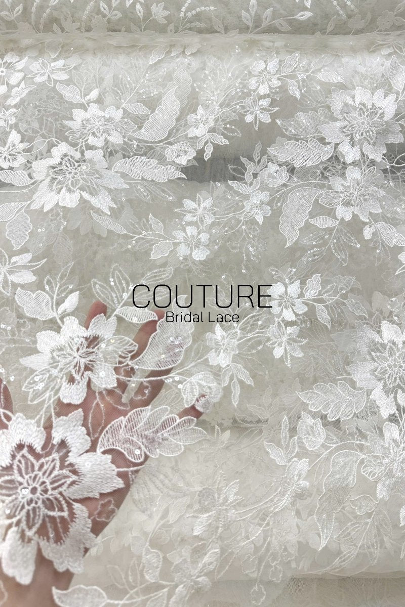 Floral Lace: White Large Floral Botanical Pattern with Straight Edge Border, 1 Meter