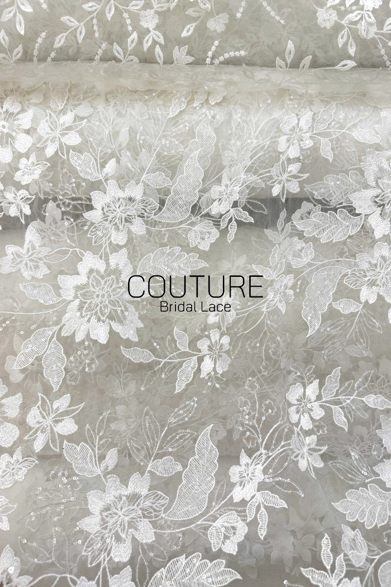Floral Lace: White Large Floral Botanical Pattern with Straight Edge Border, 1 Meter
