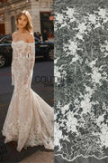 Floral Lace: Ivory Scattered Floral Bouquet Clusters with Ornate Scalloped Floral Edge Border, 1 Meter