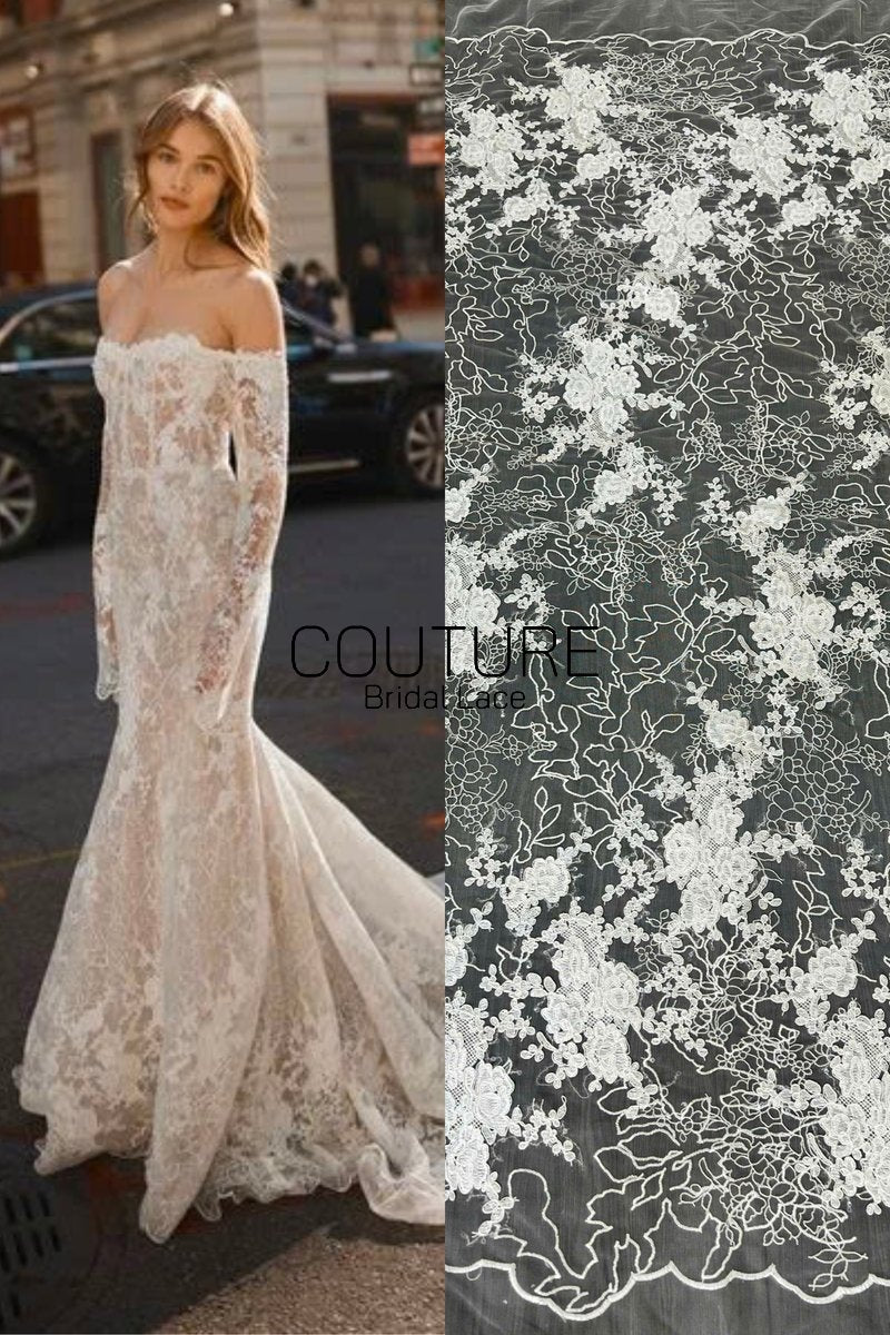 Floral Lace: Ivory Scattered Floral Bouquet Clusters with Ornate Scalloped Floral Edge Border, 1 Meter