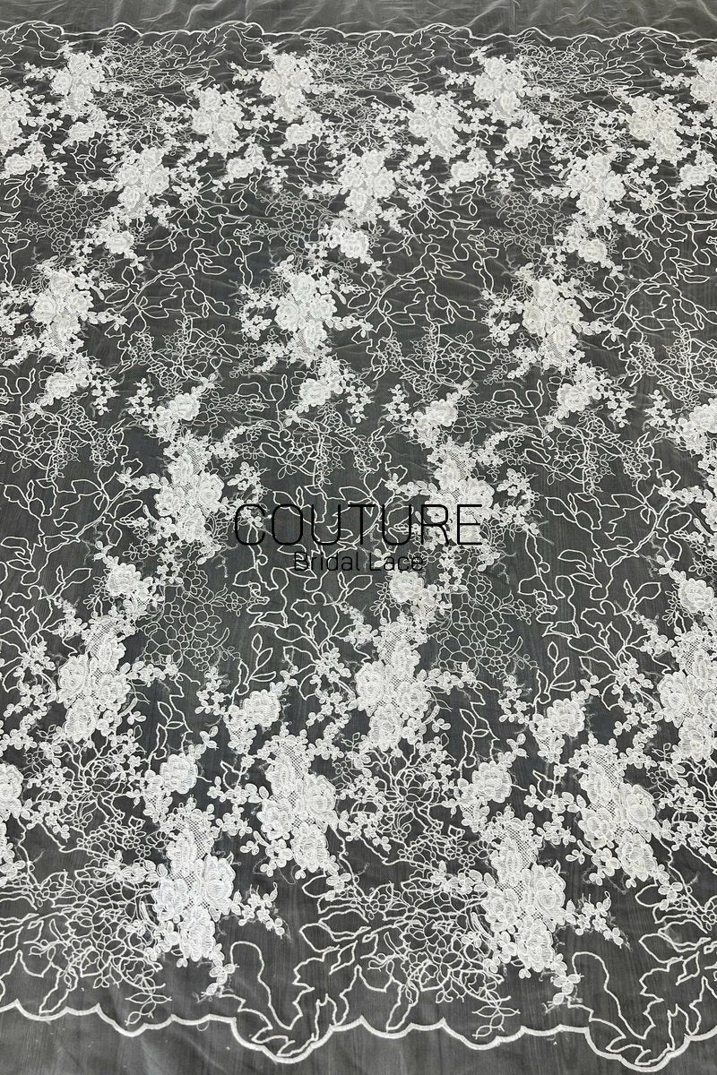 Floral Lace: Ivory Scattered Floral Bouquet Clusters with Ornate Scalloped Floral Edge Border, 1 Meter