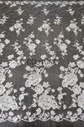 Floral Lace: Ivory Large Embroidered Peony Blooms with Scattered Floral Scalloped Edge Detail, 1 Meter
