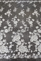 Floral Lace: Ivory Large Embroidered Peony Blooms with Scattered Floral Scalloped Edge Detail, 1 Meter