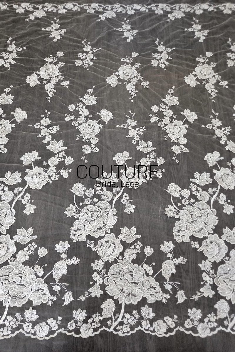 Floral Lace: Ivory Large Embroidered Peony Blooms with Scattered Floral Scalloped Edge Detail, 1 Meter