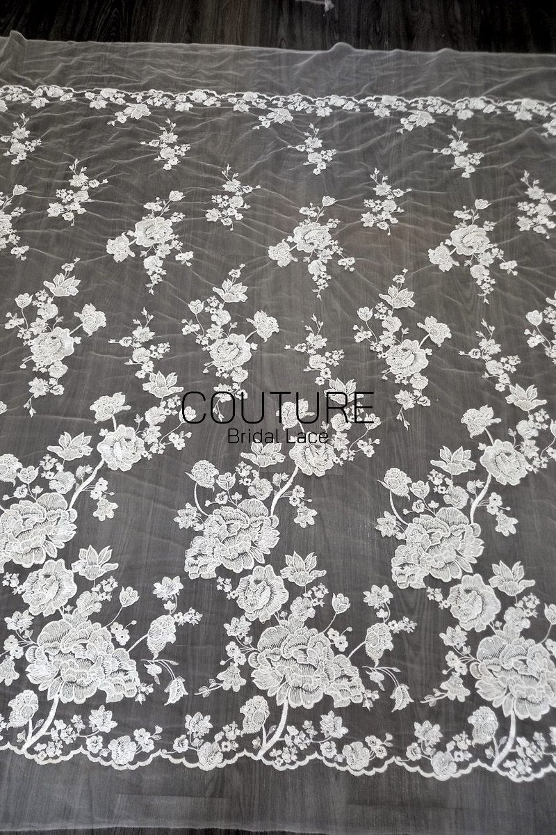 Floral Lace: Ivory Large Embroidered Peony Blooms with Scattered Floral Scalloped Edge Detail, 1 Meter