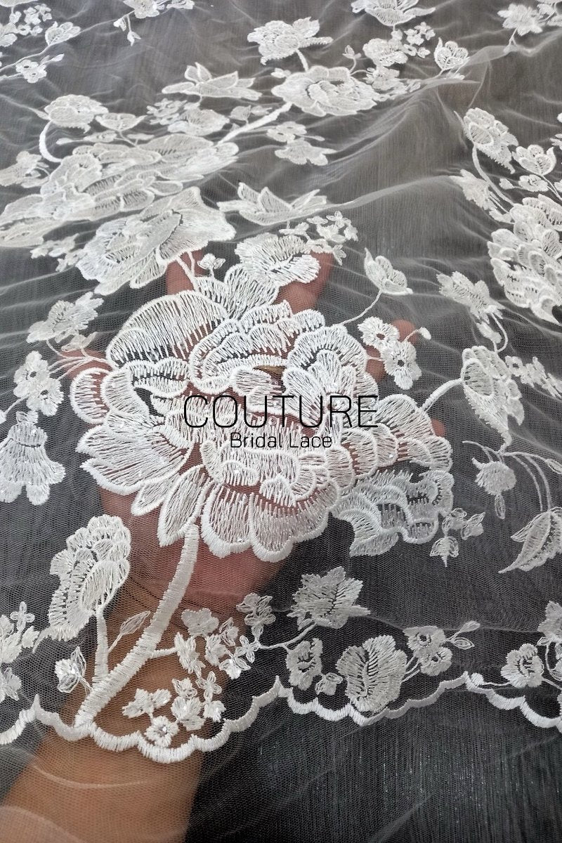 Floral Lace: Ivory Large Embroidered Peony Blooms with Scattered Floral Scalloped Edge Detail, 1 Meter