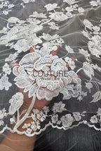 Floral Lace: Ivory Large Embroidered Peony Blooms with Scattered Floral Scalloped Edge Detail, 1 Meter