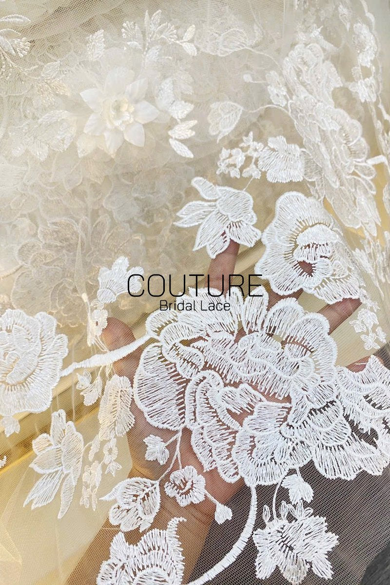 Floral Lace: Ivory Large Embroidered Peony Blooms with Scattered Floral Scalloped Edge Detail, 1 Meter