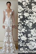 Floral Lace: Ivory Ornate Floral Botanical Motifs with Scalloped Floral Edge Border Detail, 1 Meter