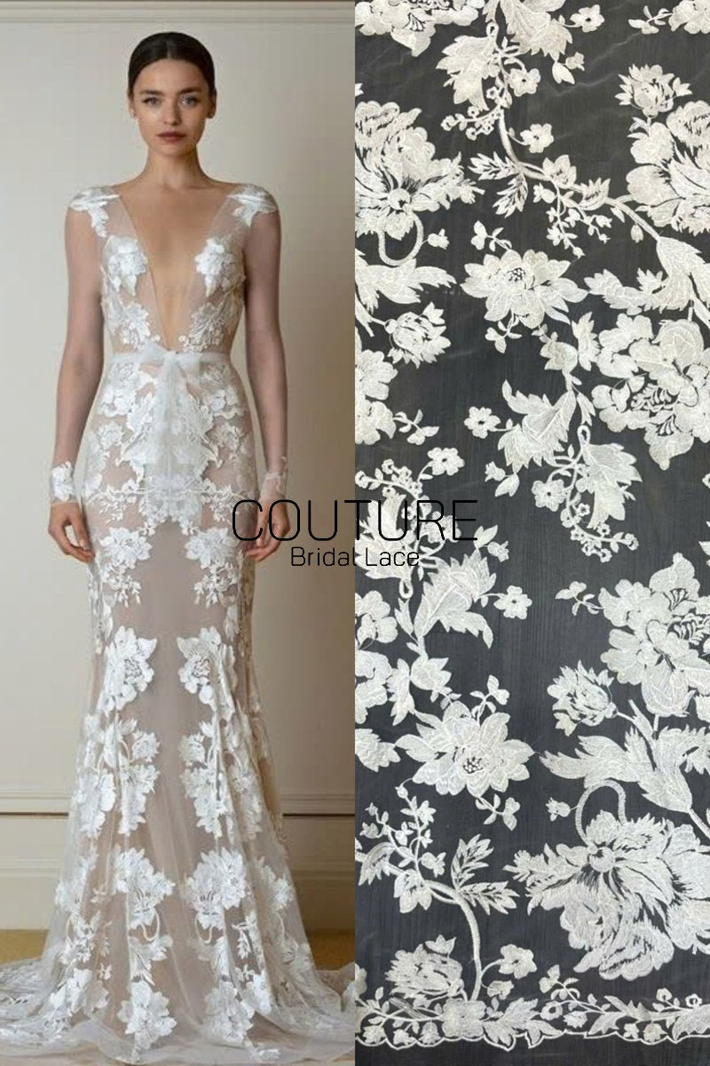 Floral Lace: Ivory Ornate Floral Botanical Motifs with Scalloped Floral Edge Border Detail, 1 Meter