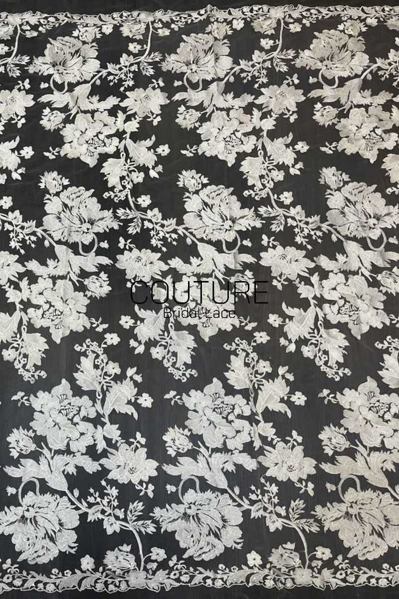Floral Lace: Ivory Ornate Floral Botanical Motifs with Scalloped Floral Edge Border Detail, 1 Meter