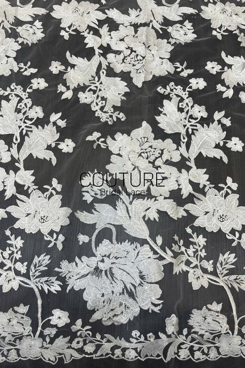 Floral Lace: Ivory Ornate Floral Botanical Motifs with Scalloped Floral Edge Border Detail, 1 Meter