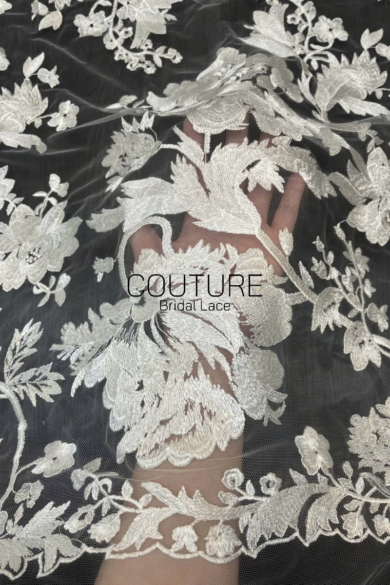 Floral Lace: Ivory Ornate Floral Botanical Motifs with Scalloped Floral Edge Border Detail, 1 Meter