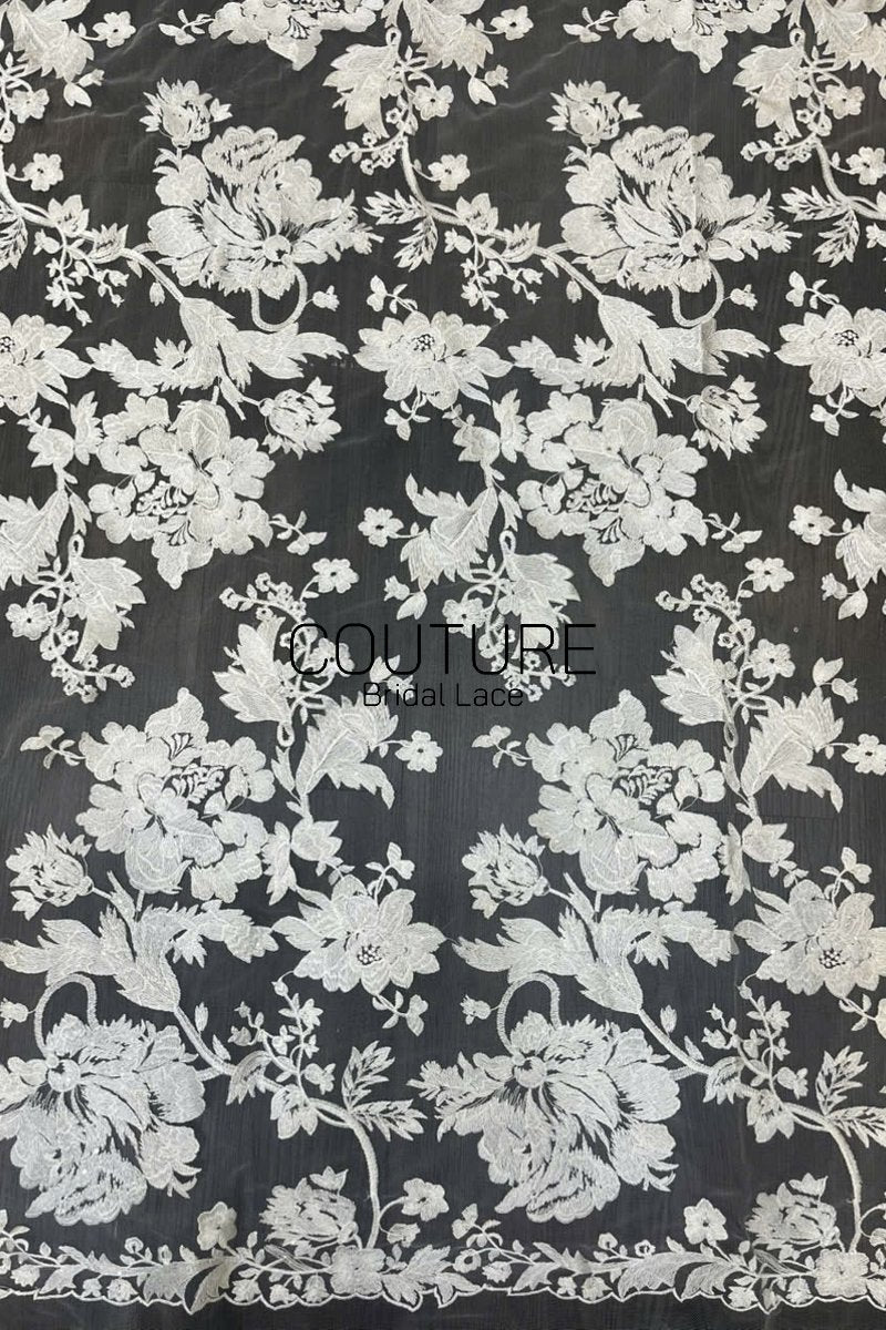 Floral Lace: Ivory Ornate Floral Botanical Motifs with Scalloped Floral Edge Border Detail, 1 Meter